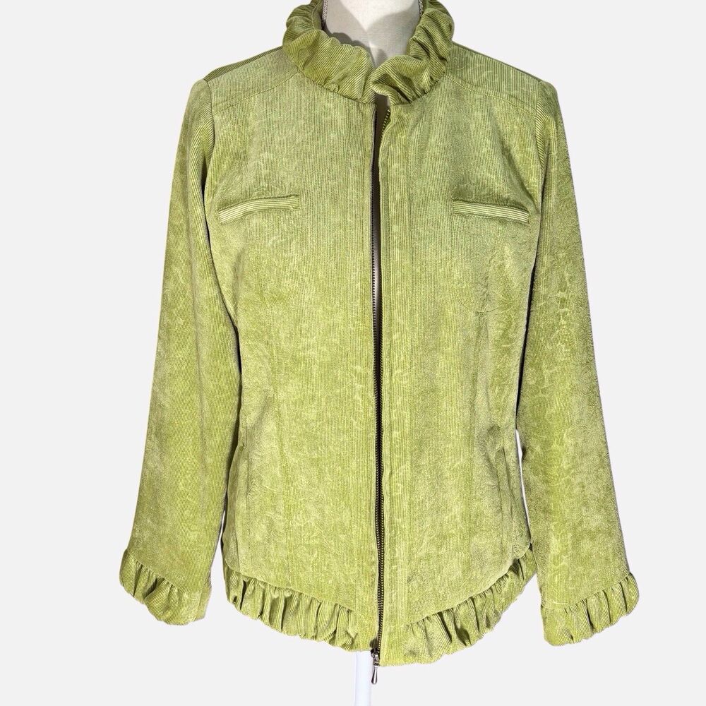 Chicos Size 2 Corduroy Floral Damask Ruffle Blazer US Large Chartreuse Zip Front